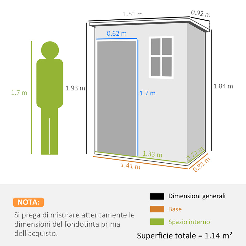 Casetta da Giardino Porta Attrezzi 151x92x193/184 cm con Porta Bloccabile Finestra e Presa d'Aria Grigio-3