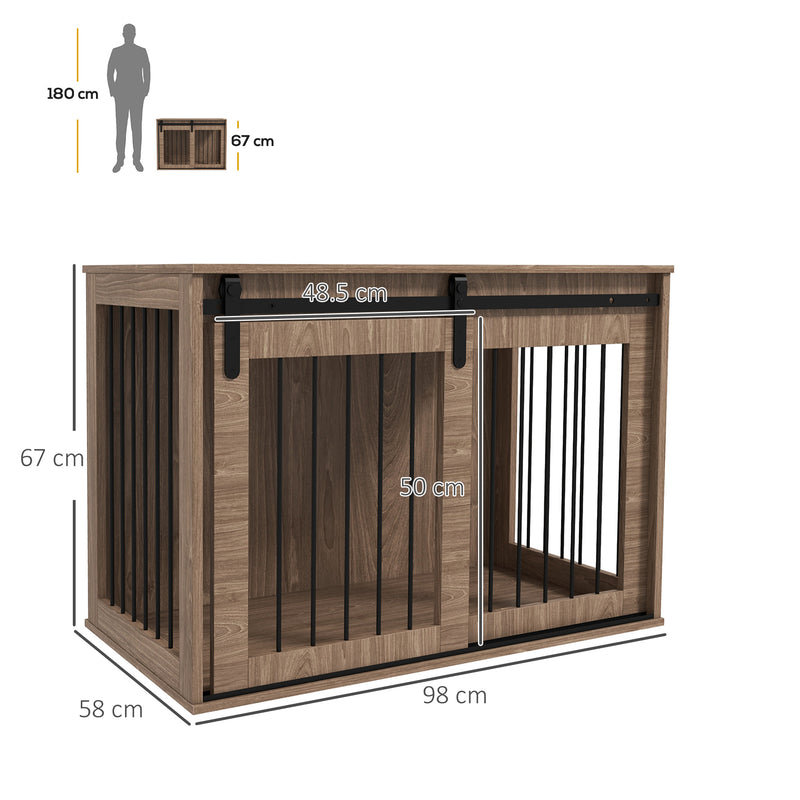 Cuccia per Cani Grandi Casetta con Porta Scorrevole per Interno 98x58x61 cm in Legno Marrone-3