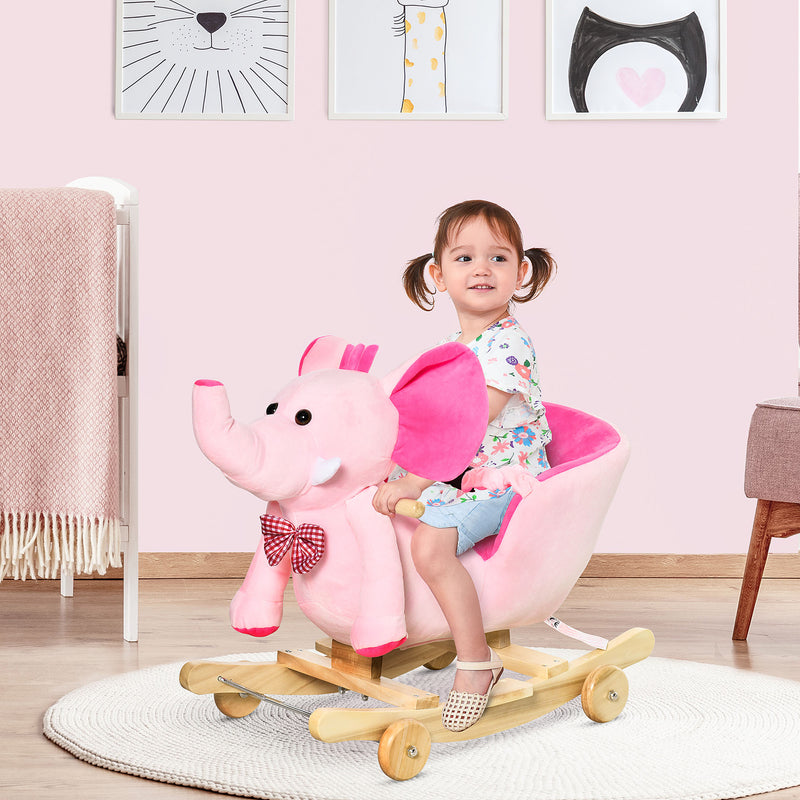 Cavallo a Dondolo per Bambini in Legno e Peluche Elefante Rosa    -2