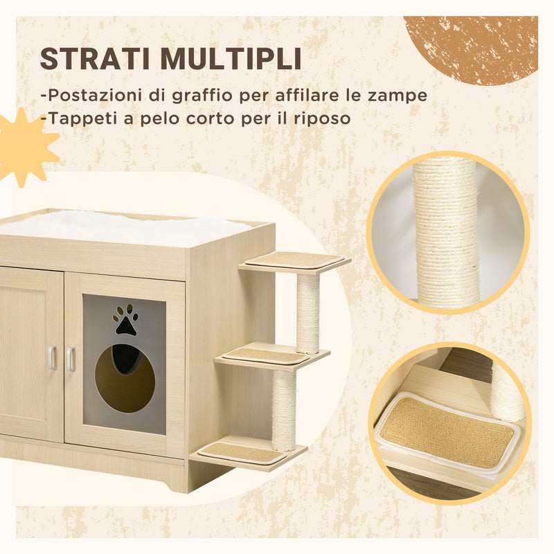 Mobile Lettiera Casetta Cuccia per Gatti con Albero Tiragraffi 107x54x70 cm Rovere -5