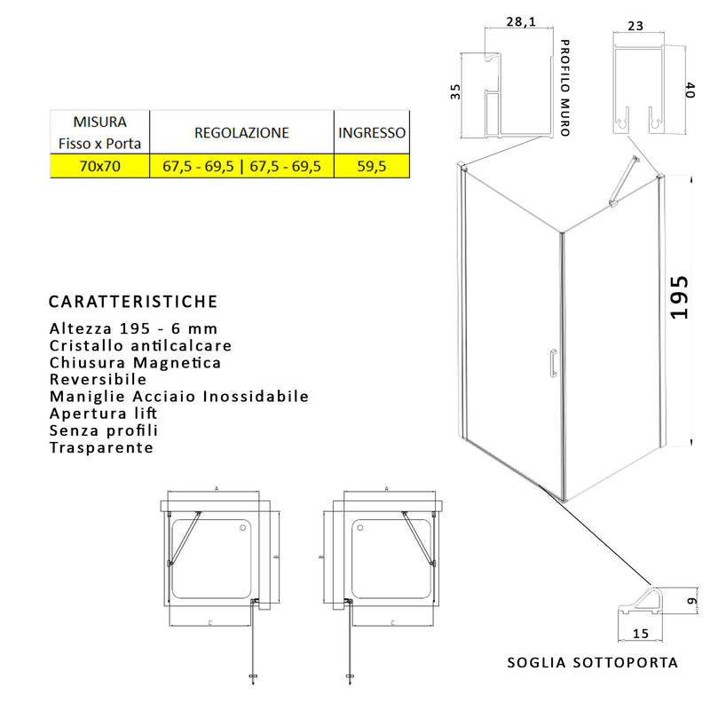 Box Doccia Angolare 1 anta Battente con 1 Lato Fisso in Cristallo trasparente 6mm H195 Bonussi Selma Varie Misure-5