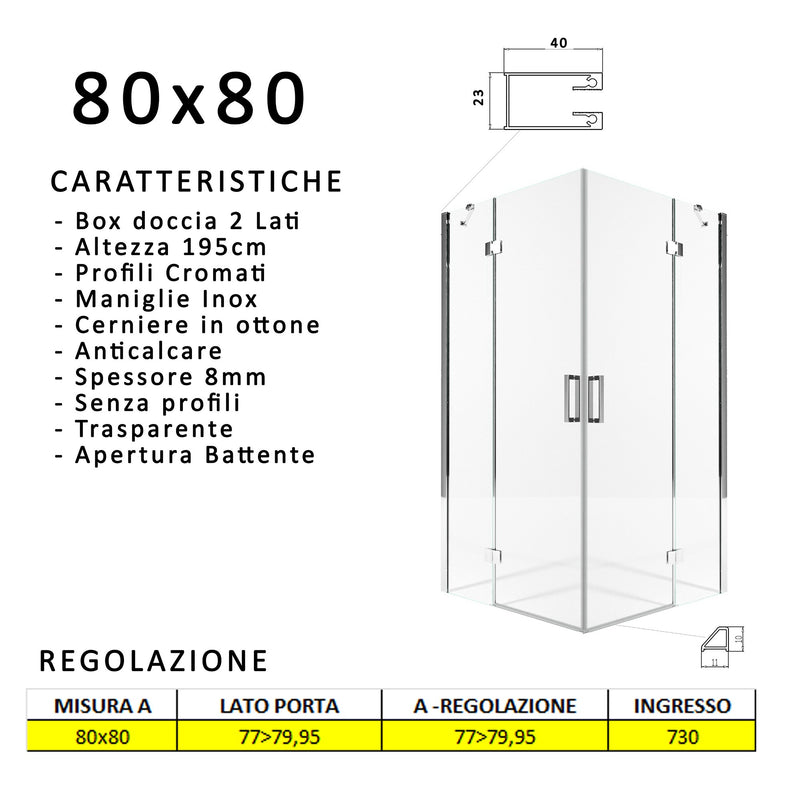 Box Doccia Angolare 2 Ante Battenti in Cristallo Trasparente 8mm H195 Bonussi Ilenia Varie Misure-4