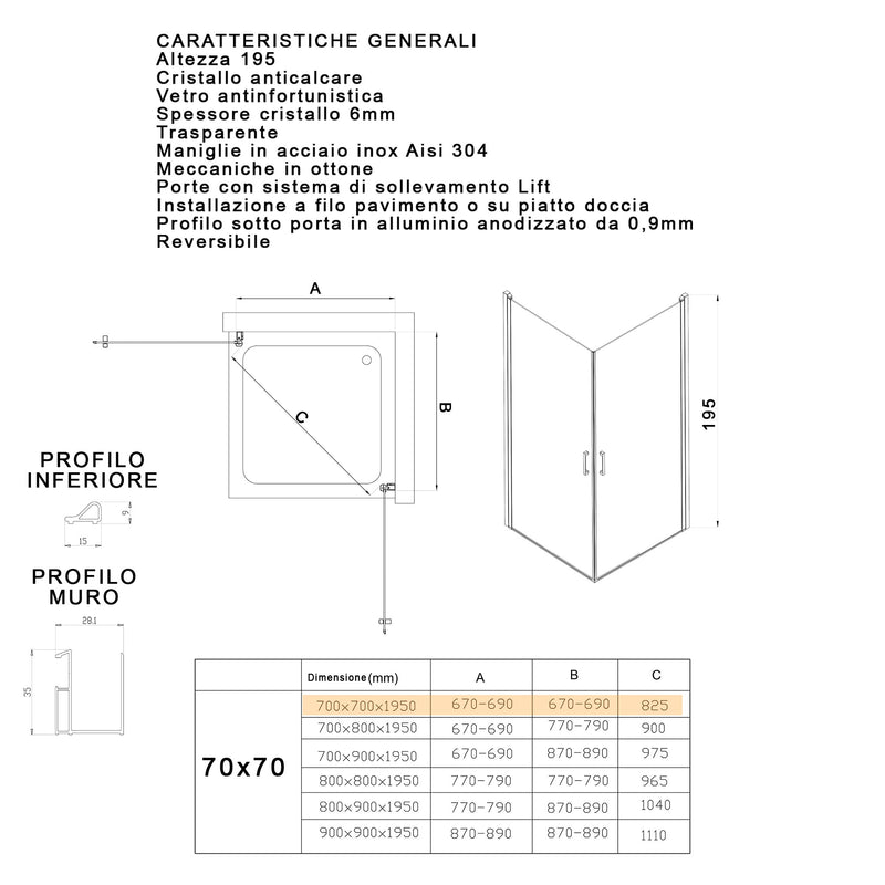 Box Doccia Angolare 2 Ante Battenti in Cristallo Trasparente 6mm H195 Bonussi Jenny Varie Misure-3