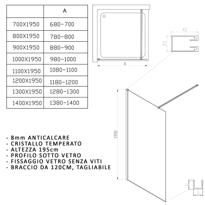 Parete Doccia Walk-In Profili Neri e Cristallo Trasparente 8mm H195 Bonussi Nara Varie Misure-3