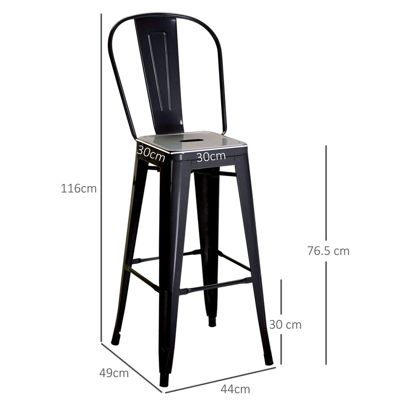 Set 2 Sgabelli da Bar Stile Industriale Schienale Rimovibile 44x49x116 cm in Metallo Nero-3