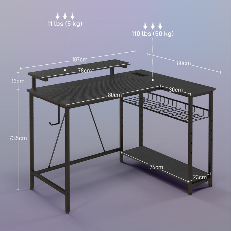 Scrivania Angolare Reversibile LED integrati Prese USB Ripiani e Supporto Monitor Nero -3