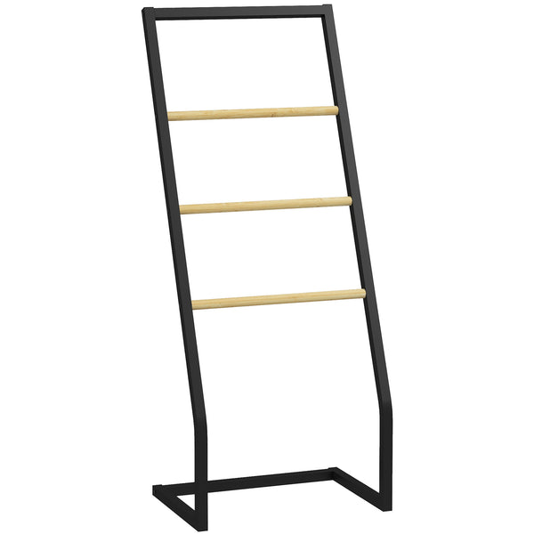 sconto Piantana Portasciugamani da Bagno da Terra 4 Sbarre 40,5x28x98cm in Bambù e Acciaio Nero