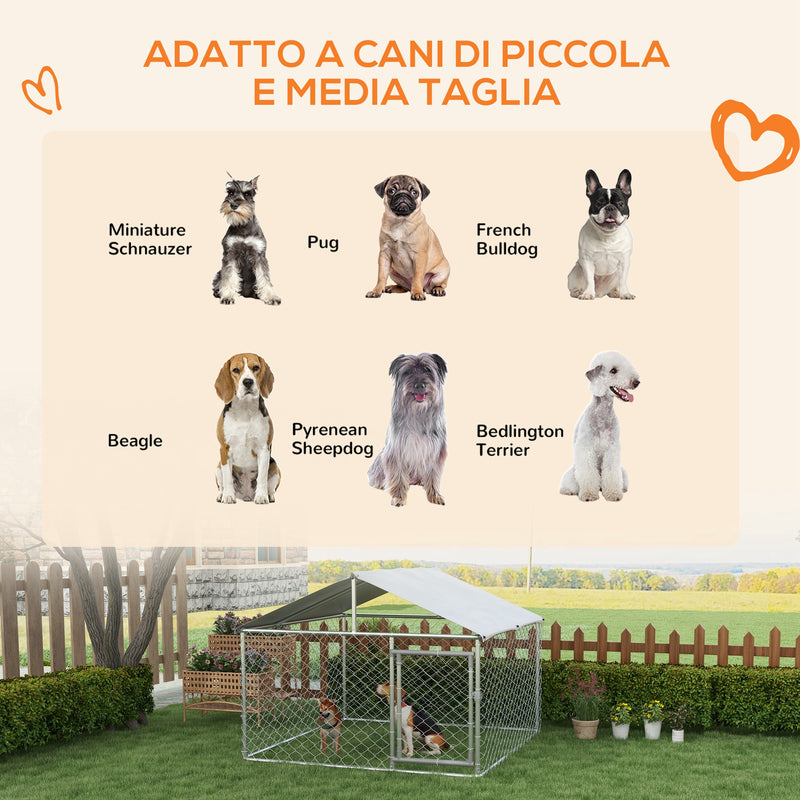 Recinto per Cani Taglia Media da Esterno 200x200x150 cm con Tetto Impermeabile Argento-4