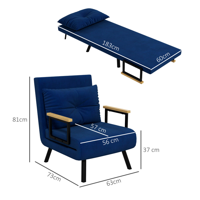 Poltrona Letto Singolo Reclinabile con Cuscino Sfoderabile in Tessuto Effetto Lino Blu  -3