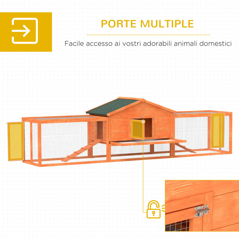 Conigliera da Esterno Casetta Rampe e 2 Recinti 309x69,5x87 cm in Legno Arancione  -5