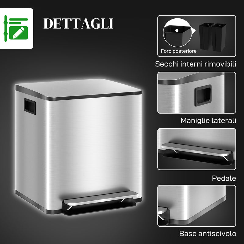 Pattumiera a Pedale 2 Sezioni 15L 41,8x36,7x44 cm in Acciaio Inox e PP  -7