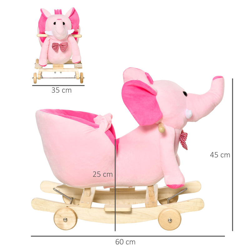 Cavallo a Dondolo per Bambini in Legno e Peluche Elefante Rosa    -3