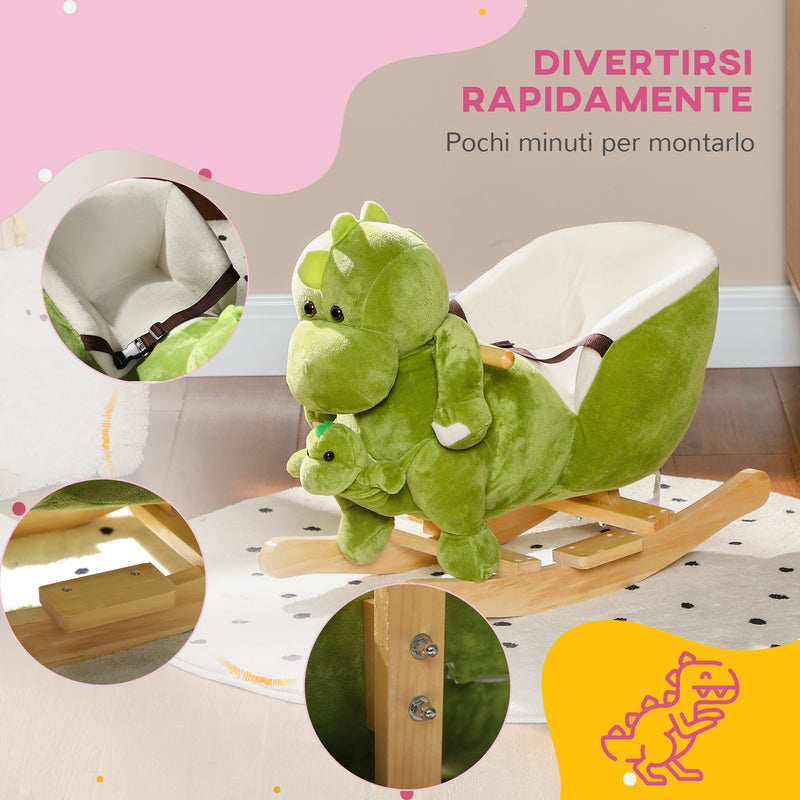 Cavallo a Dondolo per Bambini 32 Melodie in Legno e Peluche Dinosauro Verde -8