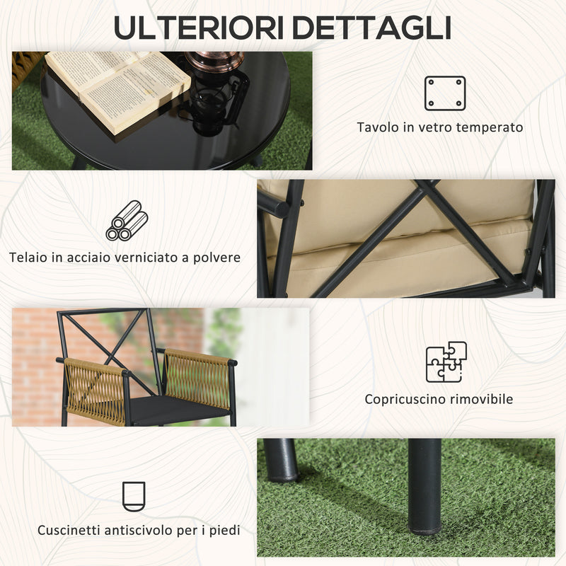 Set Tavolino e 2 Poltroncine con Cuscini da Giardino in Rattan PE Acciaio e Poliestere Beige-7