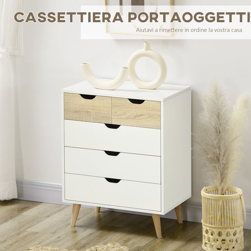 Cassettiera a 5 Cassetti per Camera da Letto con Maniglie Intagliate 60x40x77,5 cm in Legno Melaminico e Legno di Pino Bianco-4