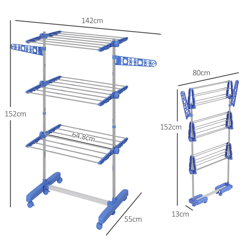 Stendino Verticale 3 Ripiani Regolabili 142x55x152 cm in Acciaio e Plastica Blu e Argento  -3