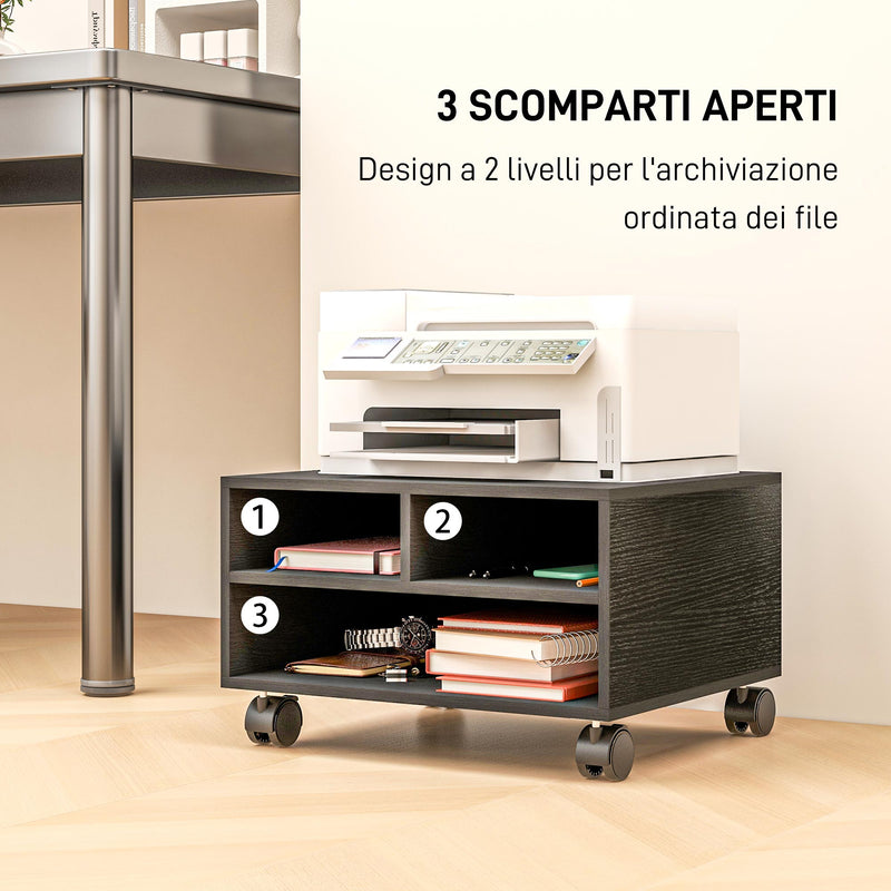 Mobile Porta Stampante a 2 Ripiani in Legno con Ruote per Ufficio e Studio 47x40x22,5 cm in Truciolato Nero-4