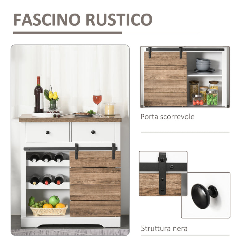 Mobile da Cucina Rustico con 2 Cassetti Ripiani e Portabottiglie 80x39x86 cm in Legno e Metallo Bianco-5