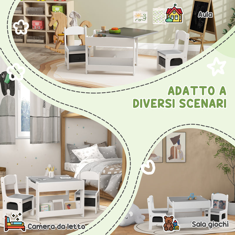 Set Tavolino per Bambini e 2 Sedie Piano del Tavolo 2 in 1 con Lavagna e Contenitori Grigio-7