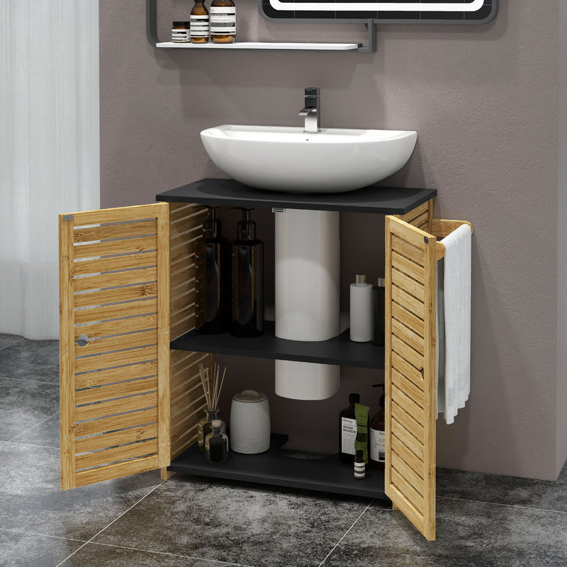 Mobile Sottolavello da Bagno 60,5x30,5x69,5 cm 2 Ante a Doghe Porta Asciugamani e Intaglio a U Legno e Nero -8