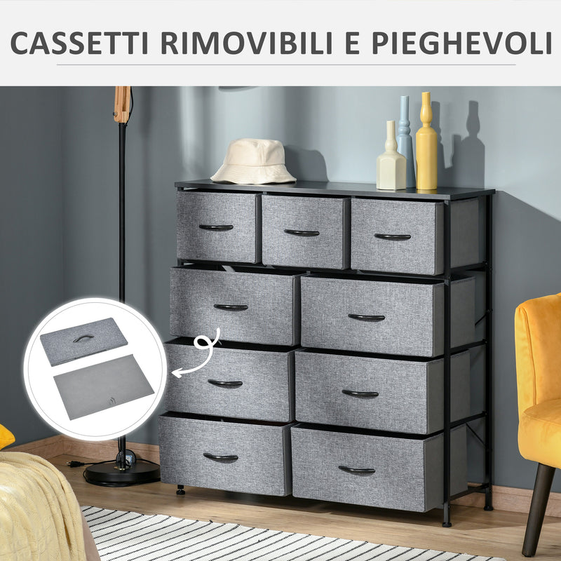 Cassettiera 9 Cassetti in Tessuto Pieghevoli Struttura in Acciaio 100x30x100 cm Nero e Grigio  -6