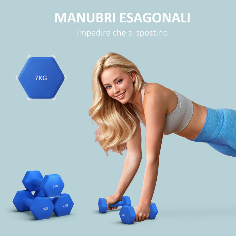 Set 2 Manubri Palestra 7 kg Pesi esagonali per Allenamento Blu-4