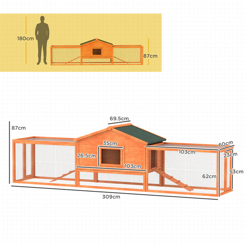 Conigliera da Esterno Casetta Rampe e 2 Recinti 309x69,5x87 cm in Legno Arancione  -3