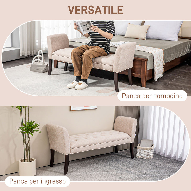 Panca Fondo Letto Imbottita e a Bottoni 141x44x65 cm in Legno e Tessuto Effetto Lino Beige  -6