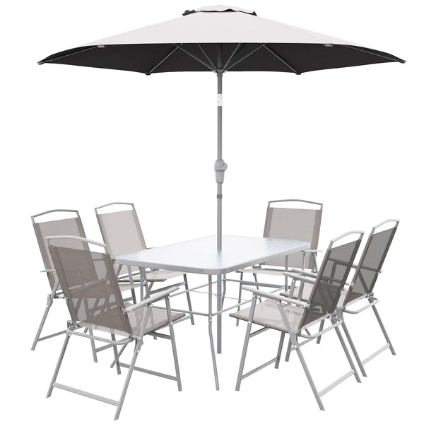 Set Tavolo con Top in Vetro 6 Sedie Pieghevoli e Ombrellone a Manovella da Giardino in Metallo e Rete Grigio online