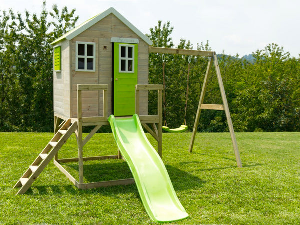 sconto Casetta per Bambini da Esterno su Palafitta 330x350x242h cm con Altalena e Scivolo in Legno Bamby