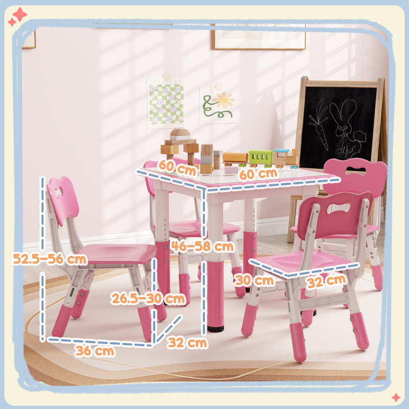 Set Tavolo con 4 Sedie per Bambini Altezza Regolabile Rosa  -3