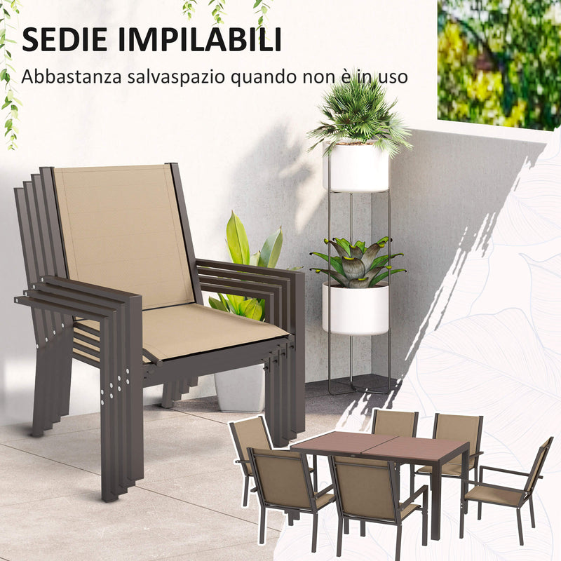 Set Tavolo e 6 Sedie Impilabili da Giardino in Plastica Kaki e Marrone-4