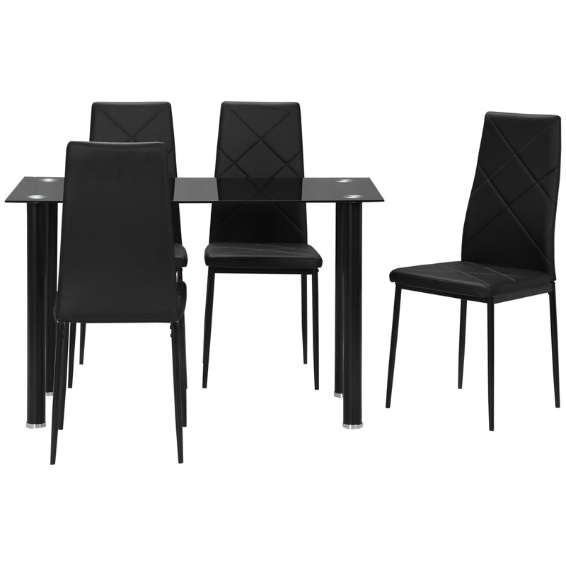 Set Tavolo da Pranzo con Piano in Vetro e 4 Sedie Imbottite in Finta Pelle Nero-1