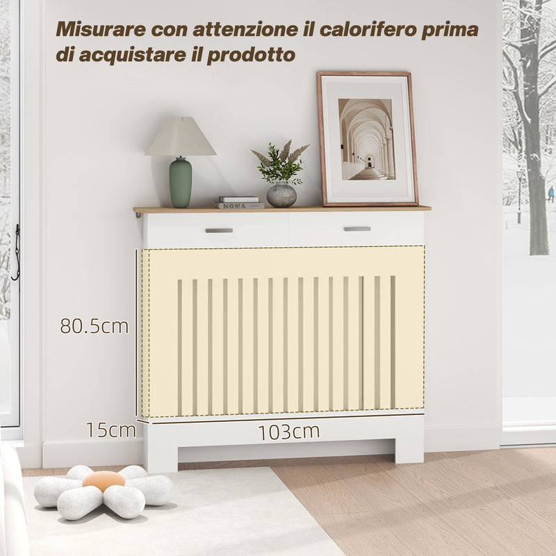 Copritermosifone a Doghe Antiribaltamento 112x19x97 cm con Vano Contenitore in Legno Bianco-7