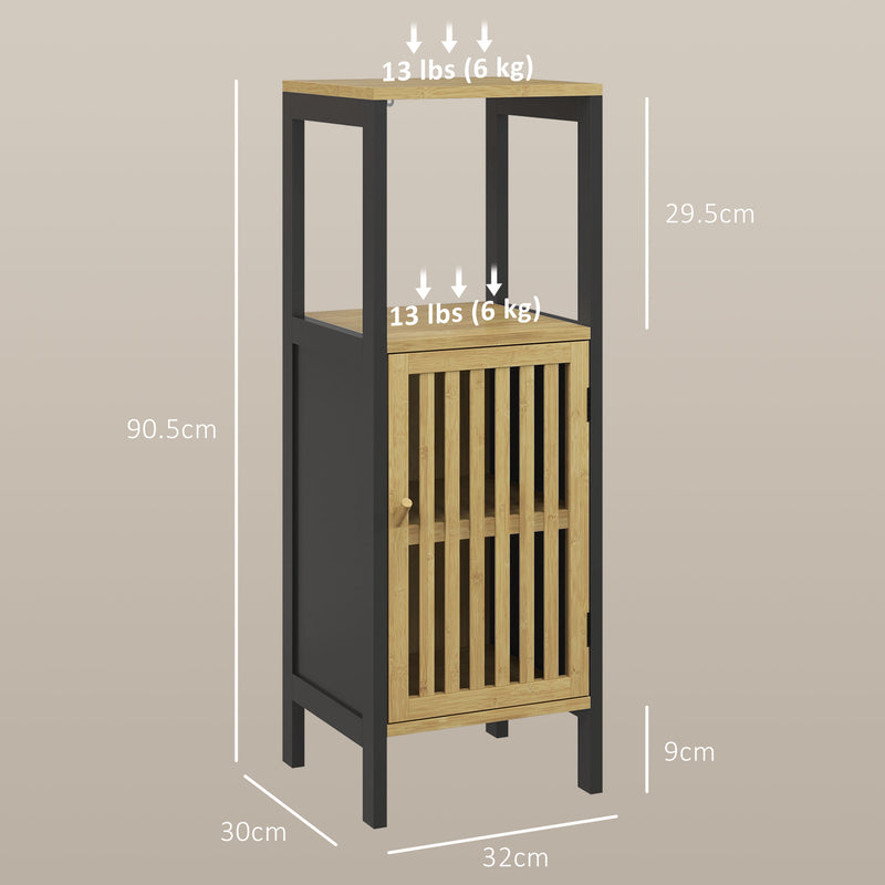 Mobiletto Bagno con Ripiano Aperto e Armadietto 32x30x90,5 cm in MDF e Bambù Nero e Color Legno-3