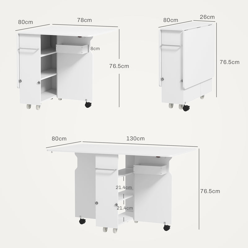 Tavolo a Ribalta Pieghevole con Ripiani a 3 Livelli Box e Rotelle 130x80x76,5 cm in MDF Bianco-3