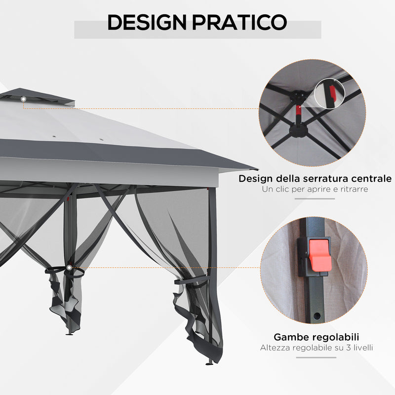 Gazebo Pieghevole con Prese d'Aria e Zanzariere 3,6x3,6m in Acciaio e Tessuto Oxford Grigio-4