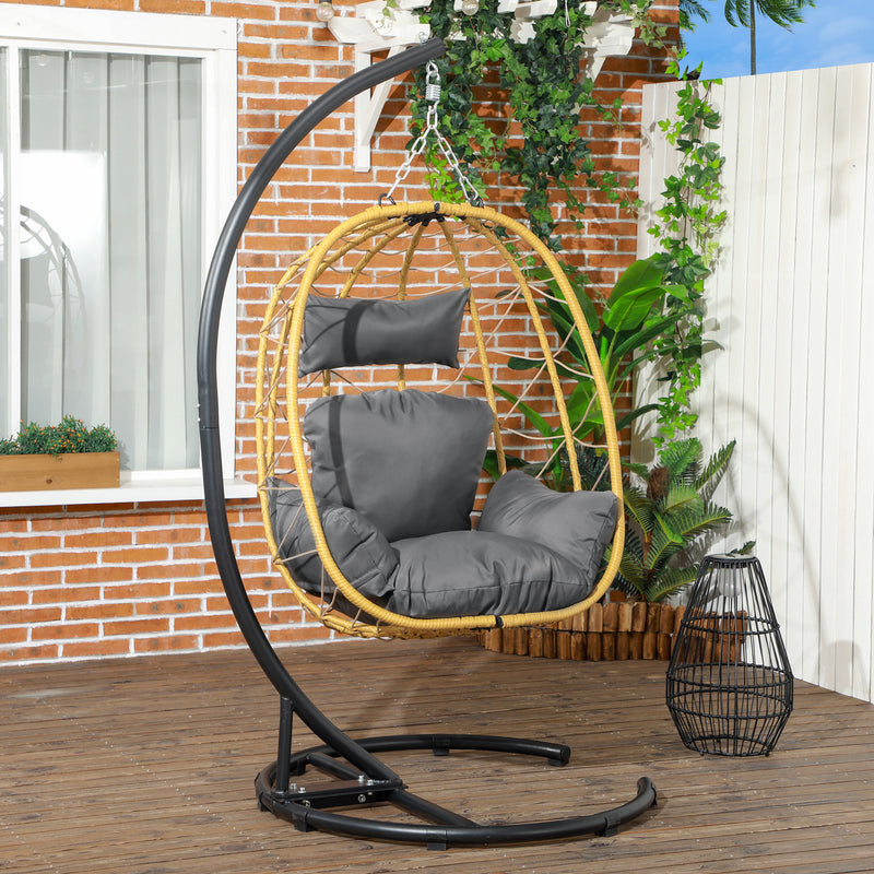 Dondolo Pensile da Giardino Pieghevole con Cuscini 102x102x195 cm in Acciaio e Rattan PE Nera Grigia e Beige-2