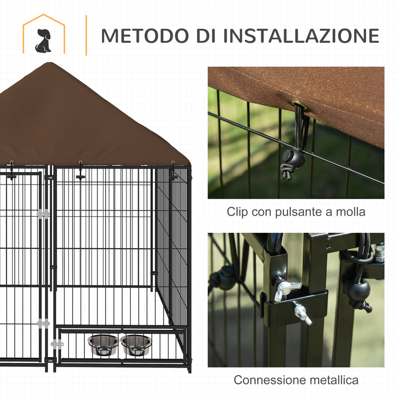 Recinto per Cani con Porticina per Ciotole 141x141x151 cm in Metallo e Tessuto Oxford Nero e Marrone-7