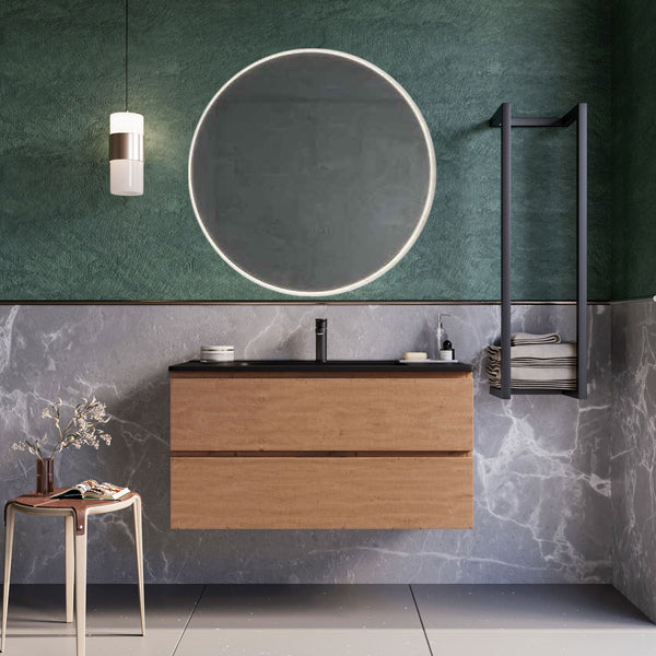 Mobile bagno sospeso 100 cm Rovere Cartagena lavabo nero opaco Seattle con Specchio Led Retroilluminato Bonussi sconto