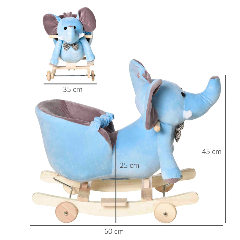 Cavallo a Dondolo per Bambini in Legno e Peluche Elefante Blu    -3