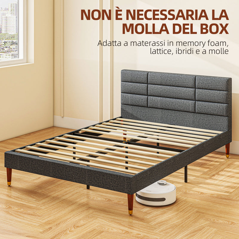 Struttura Letto Matrimoniale con Testiera 141x207x88 cm in Tessuto effetto Lino Grigio  -7