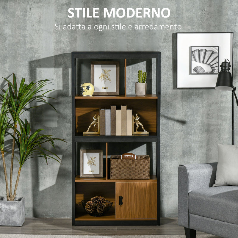 Mobile Libreria  4 Livelli Aperti con Armadietto 76.5x30x150 cm in Truciolato e MDF Marrone e Nero-4