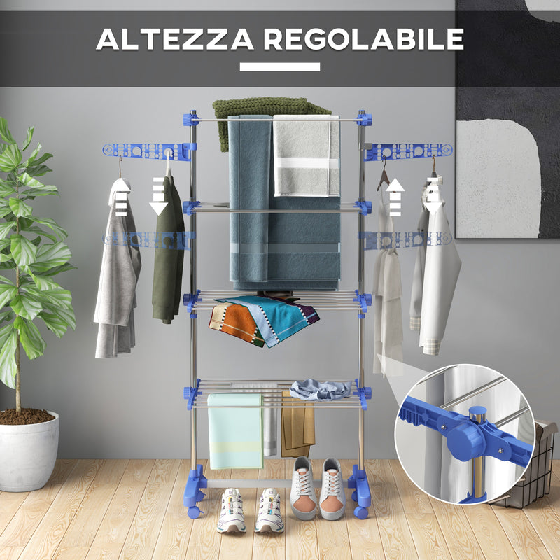 Stendino Verticale con 4 Ripiani Regolabili 142x55x172 cm in Acciaio e Plastica Blu e Argento-4