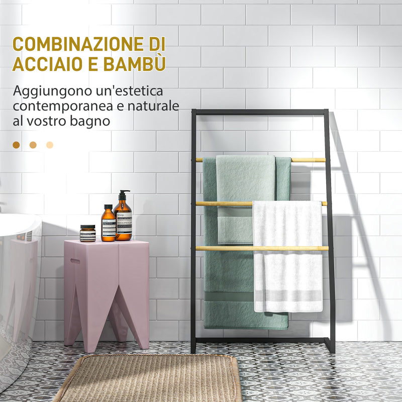 Piantana Portasciugamani da Bagno da Terra 4 Sbarre 60x35x102 cm in Bambù e Acciaio Nero-4