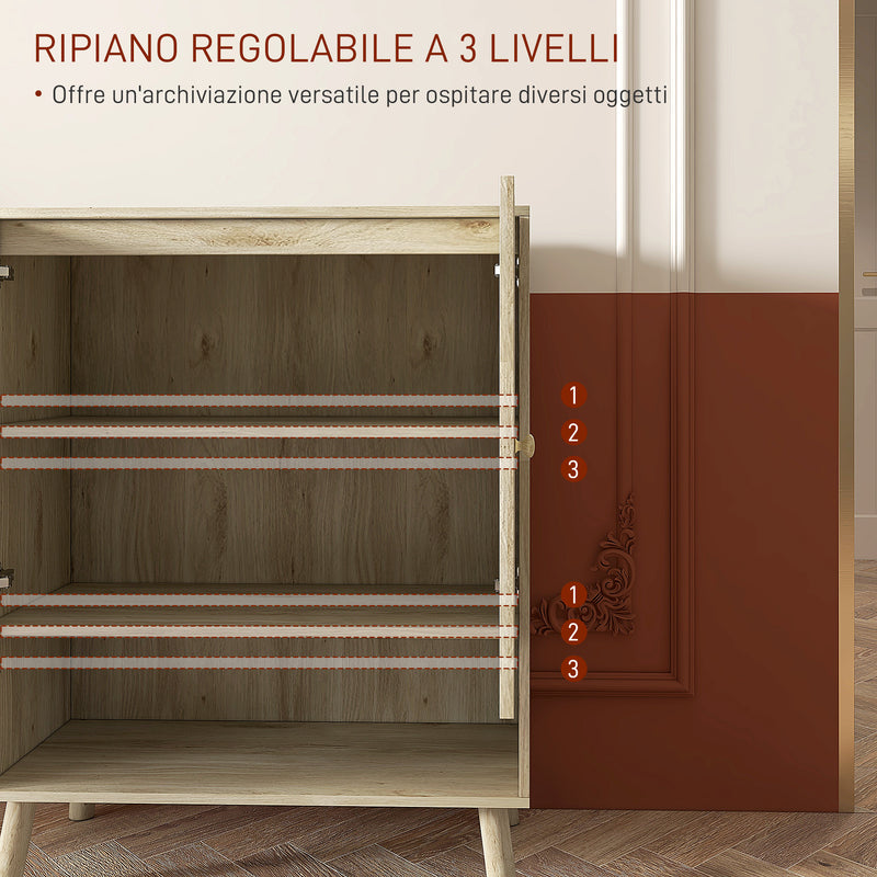 Mobile Multiuso in Stile Boho 80x38x100 cm con Ante in Rattan e Ripiano Aperto Rovere-6