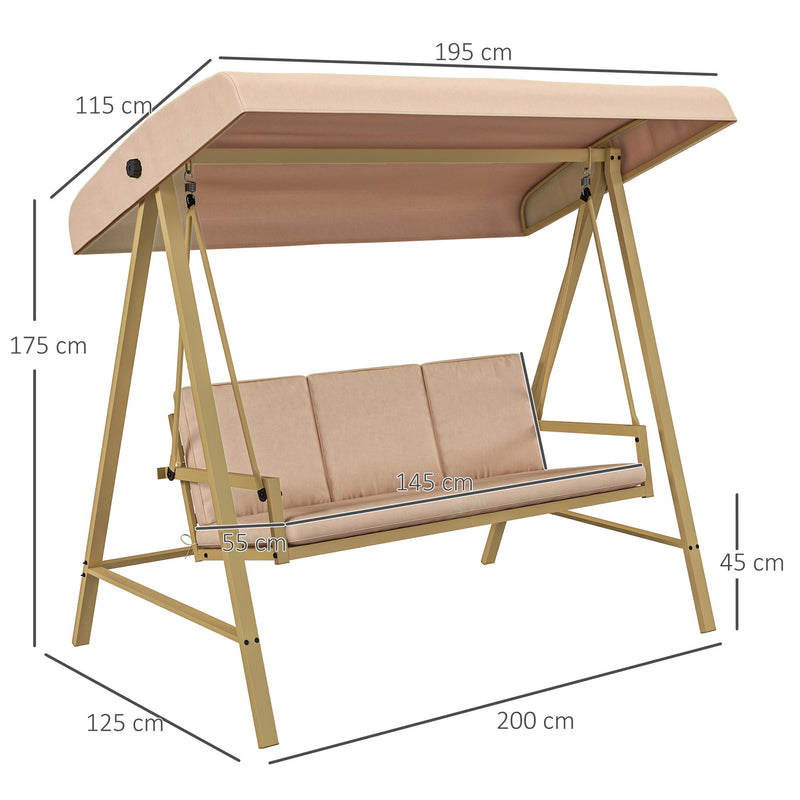 Dondolo 3 Posti con Tettuccio Inclinabile 200x125x175 cm in Acciaio e Textilene Beige e Marrone-3