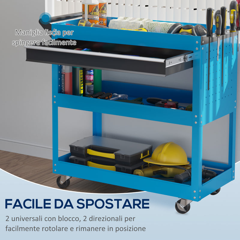 Carrello Porta Attrezzi con Manico Laterale 3 Ripiani e Cassetto 82x35x76 cm in Acciaio Blu -4