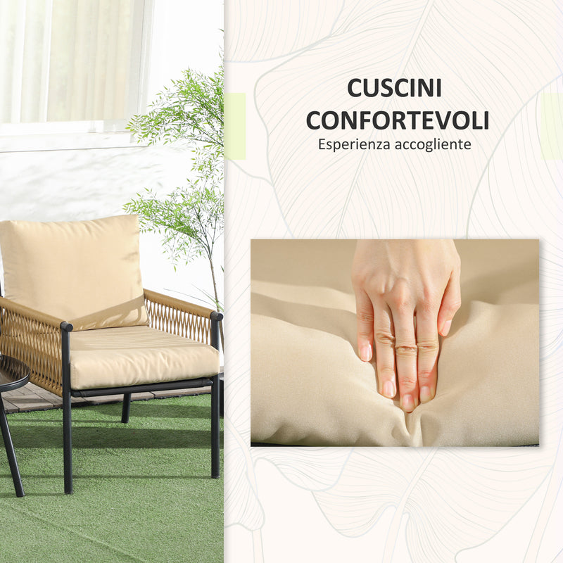 Set Tavolino e 2 Poltroncine con Cuscini da Giardino in Rattan PE Acciaio e Poliestere Beige-5