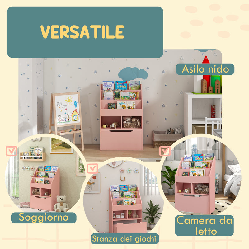 Libreria per Bambini con Ripiani Mensole e Cassetto 60x29,9x90 cm in MDF Rosa -7